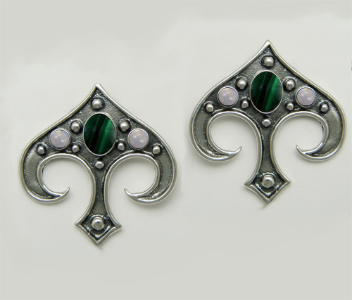 Sterling Silver Gothic Inspired Drop Dangle Earrings With Malachite And Rainbow Moonstone